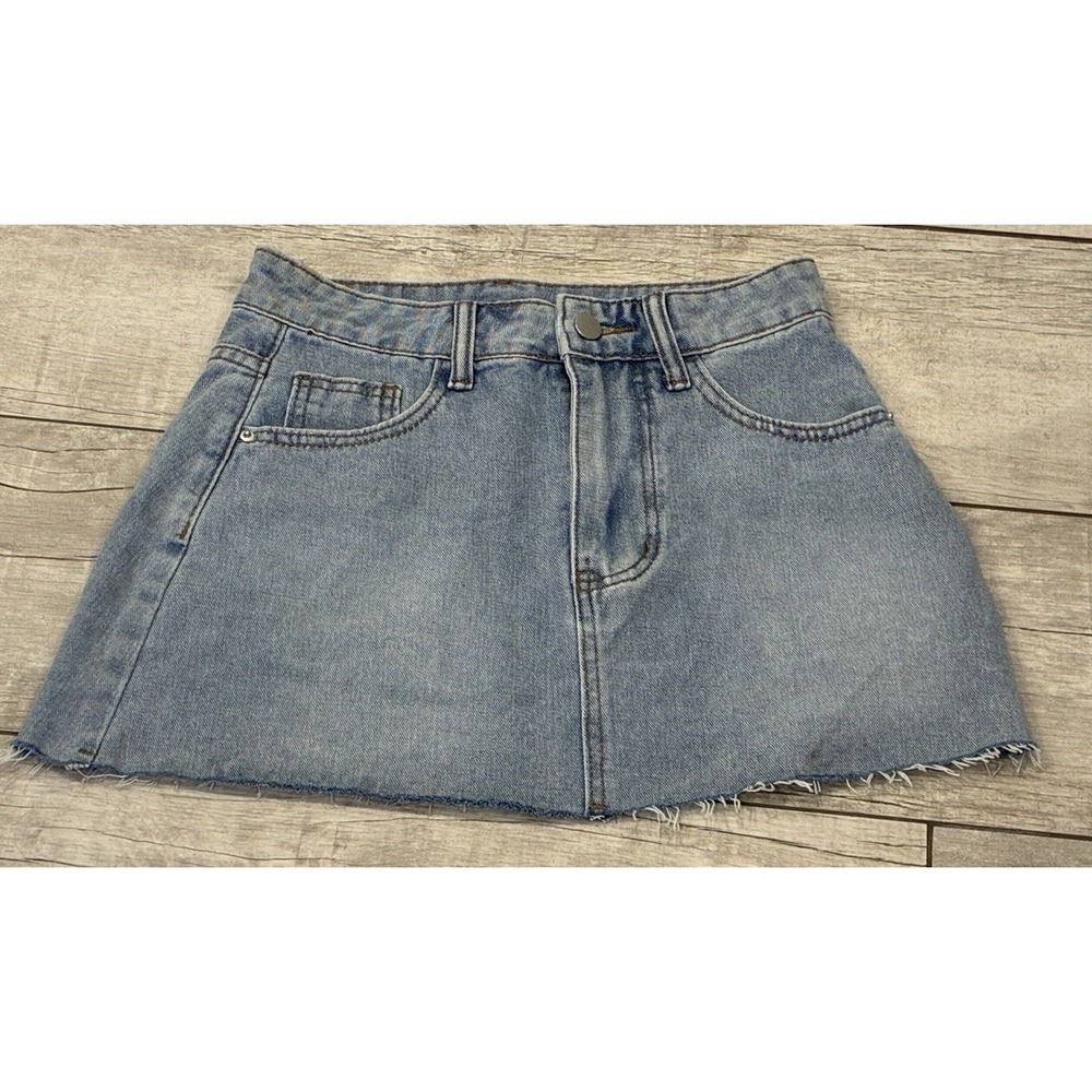 Light Wash Low Rise Distressed Denim Micro Mini Skirt Y2K Womens Size XS